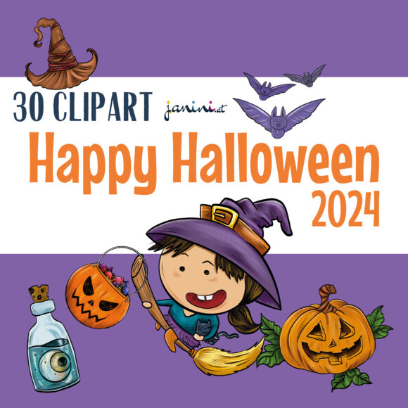 Eine süße Hexe auf einem Besen - 30 Clipart zu Halloween